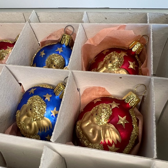 Vintage Cherub Glass Christmas Ornaments Set of 6 Blue And Red 2” - Picture 2 of 14